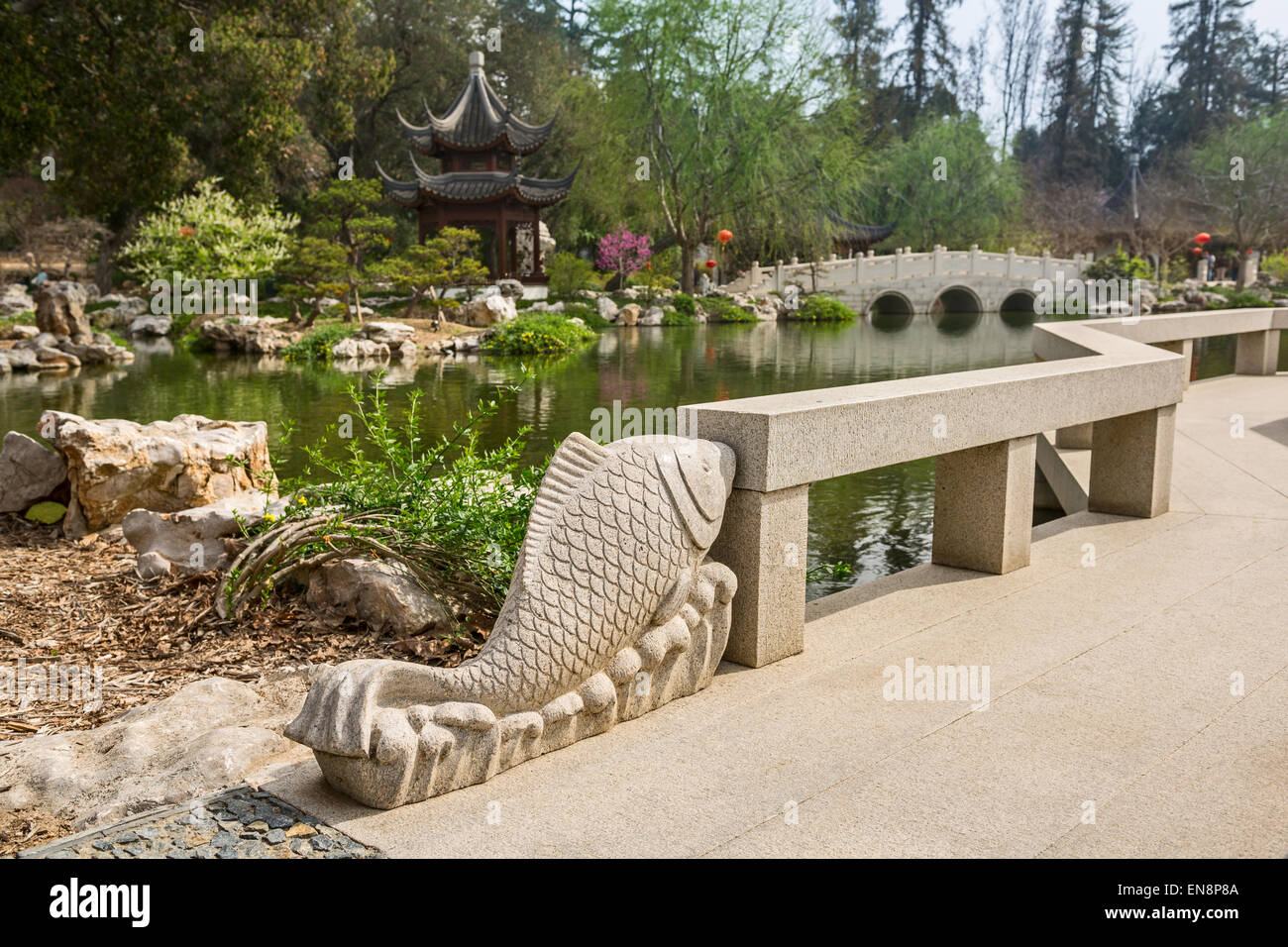 Pont d'enroulement dans le jardin chinois à l'Huntington. Banque D'Images