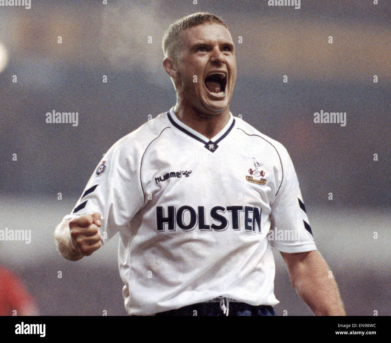 Anglais FA Cup Quatrième ronde match à White Hart Lane. 4 Tottenham Hotspur v Oxford United 2. Paul Gascoigne d'éperons célèbre après avoir marqué son deuxième but. 26 janvier 1991. Banque D'Images