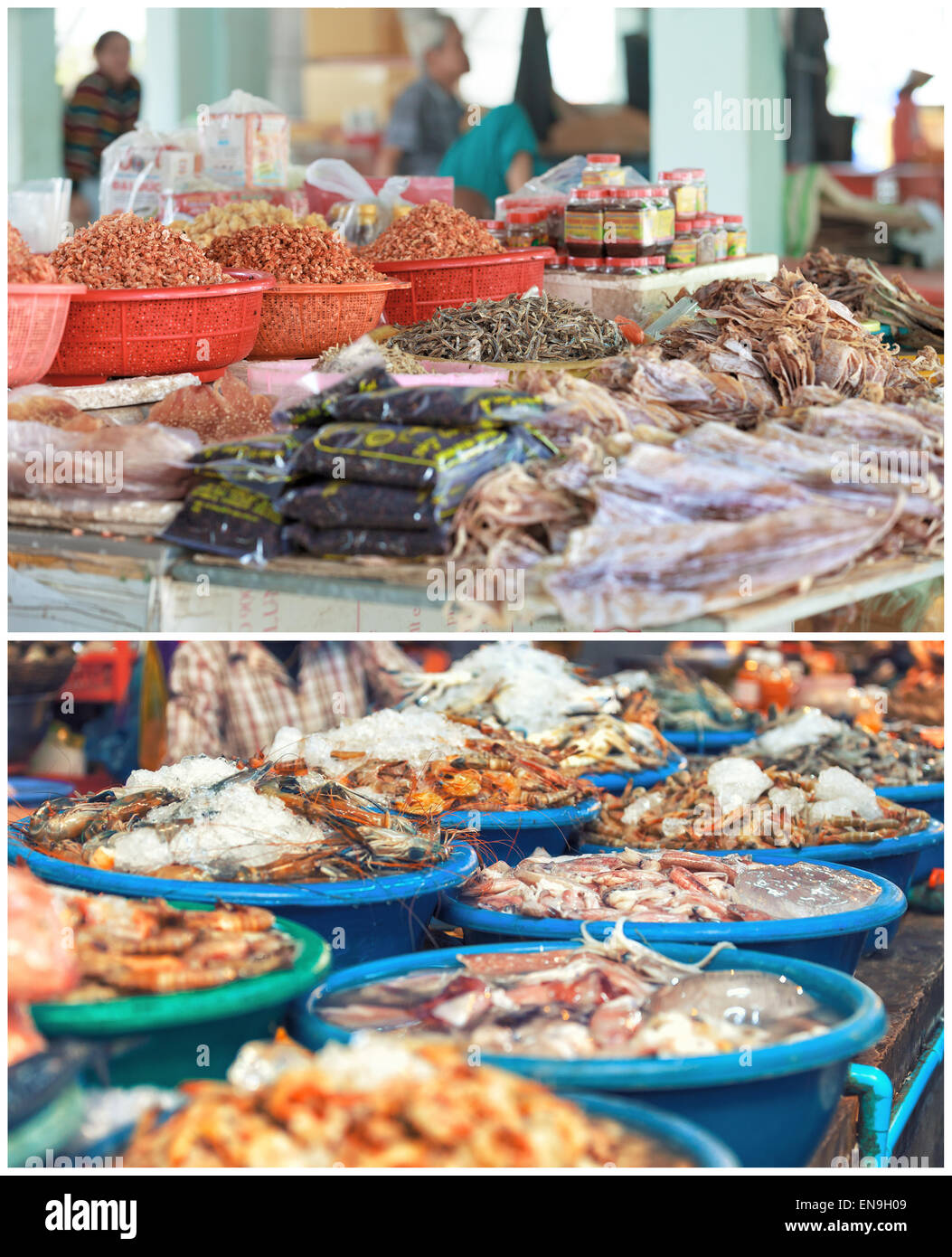 Poissons asiatiques traditionnels stand plein de fruits de mer frais et séchés Banque D'Images