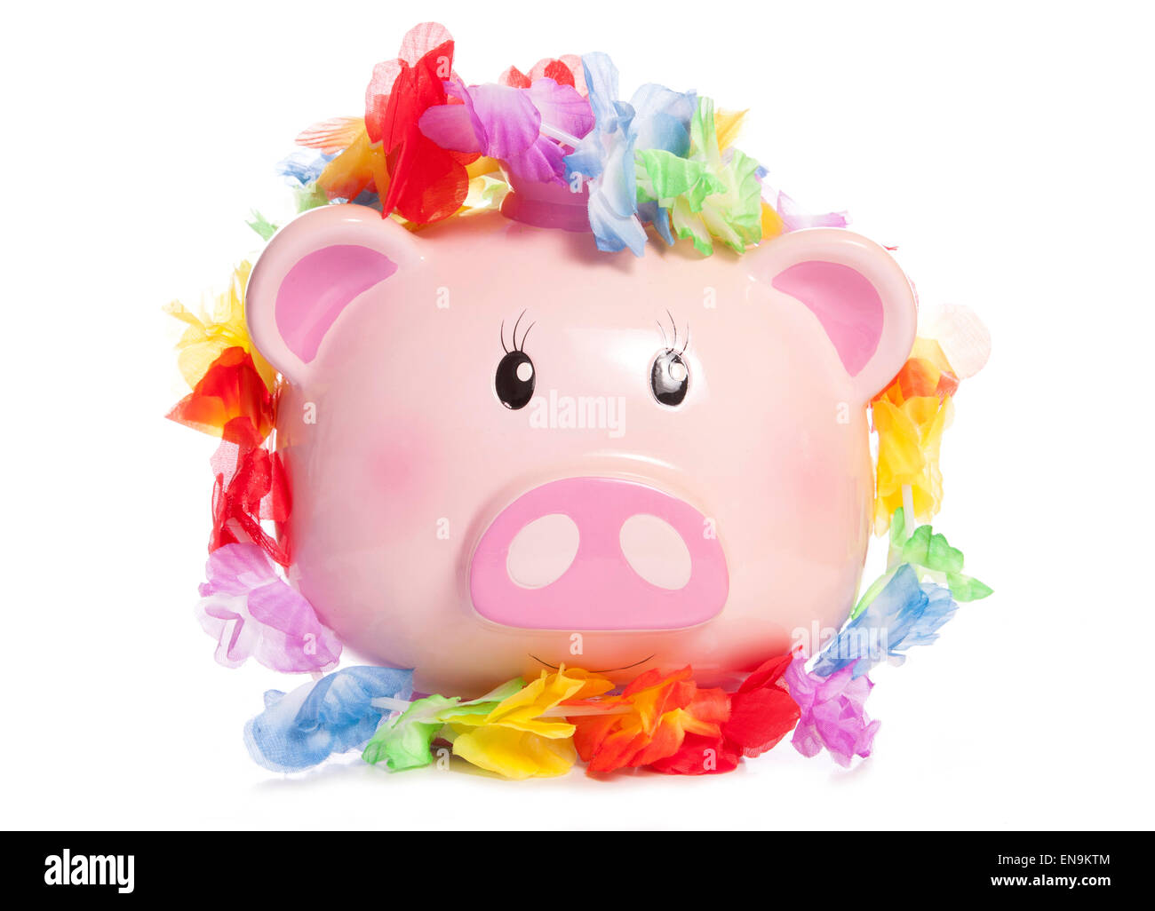 Piggy Bank wearing hawaiian découpe garland Banque D'Images