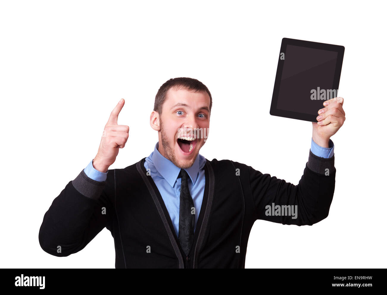 Homme heureux avec une tablette dans sa main et doigt soulevé, isolated on white Banque D'Images