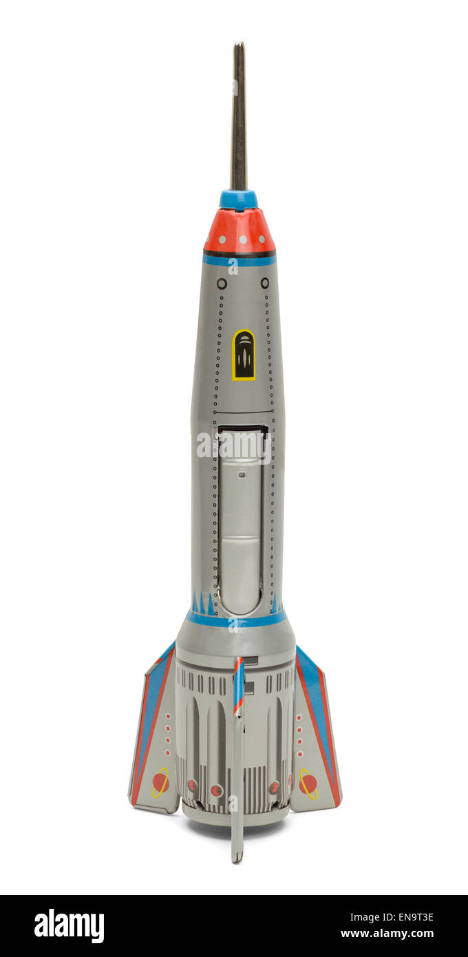 Tin Toy Silver Rocket isolé sur fond blanc. Banque D'Images