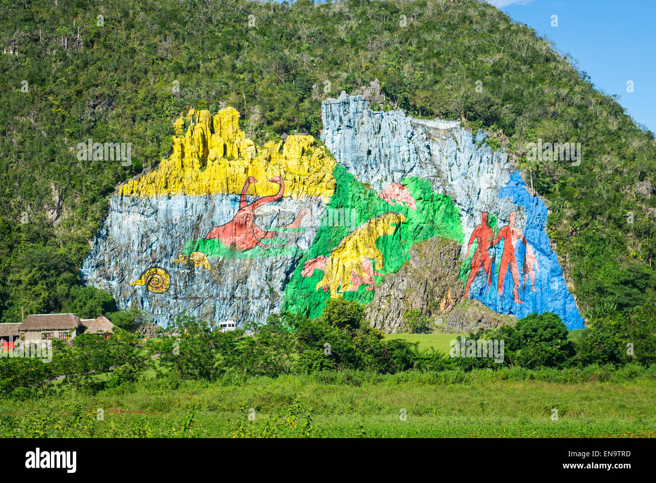 Vinales Cuba murale de la Préhistoire peinture mogote par Leovigildo Gonzalez1962 Histoire de l'évolution à l'Homo Sapiens d'ammonites Banque D'Images