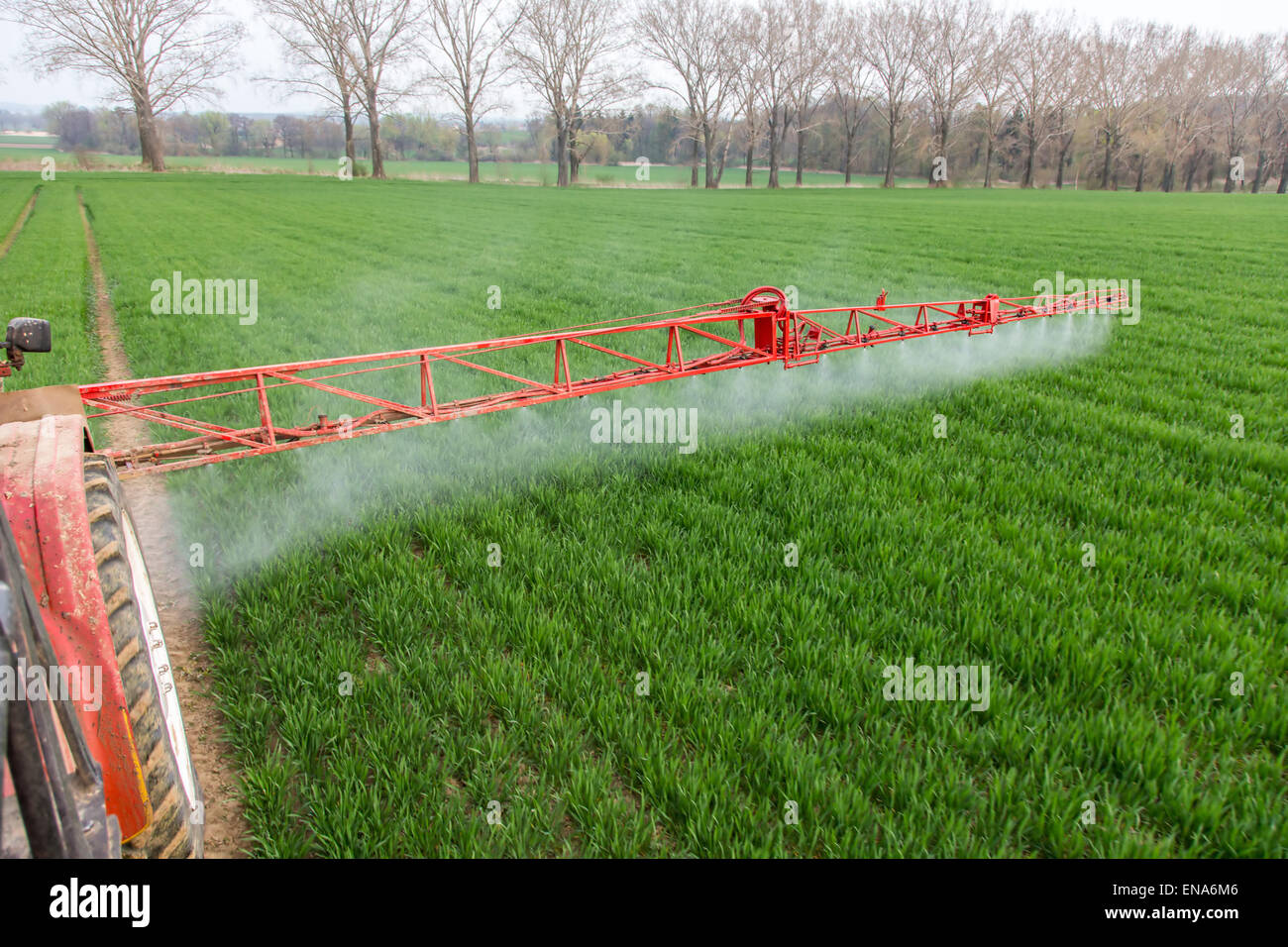 De travail de la machine de pulvérisation sur le champ vert Banque D'Images
