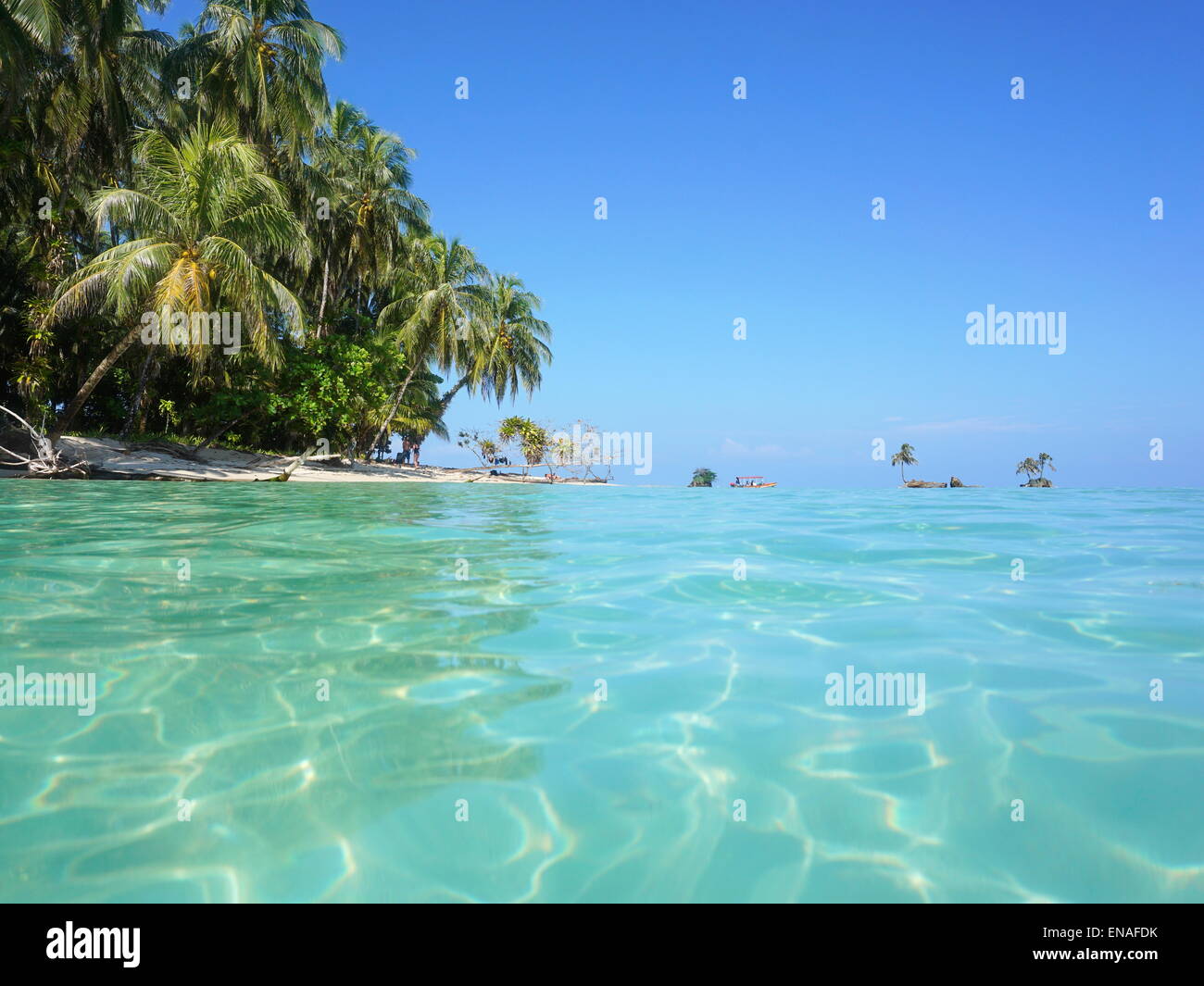 Avec la surface de la mer et l'eau turquoise de la côte de l'île tropicale luxuriante avec des cocotiers, des Caraïbes, Panama Banque D'Images