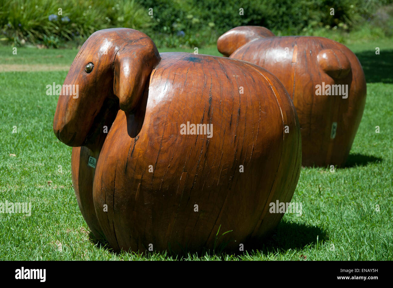 La sculpture sur bois de moutons. Aire de jeu pour enfants. Vergelegen jardins. Somerset West. L'Afrique du Sud Banque D'Images