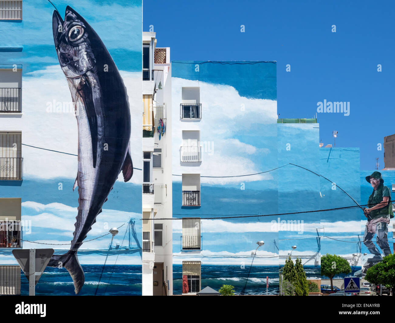 Journée de pêche peinture murale par Jose Fernandez Rios à Estepona Espagne Banque D'Images