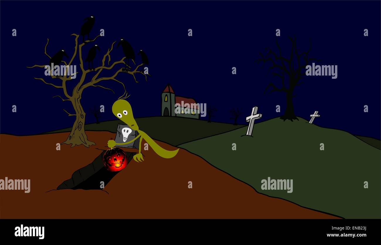 Comics illustration de la citrouille avec fantôme - vector Illustration de Vecteur