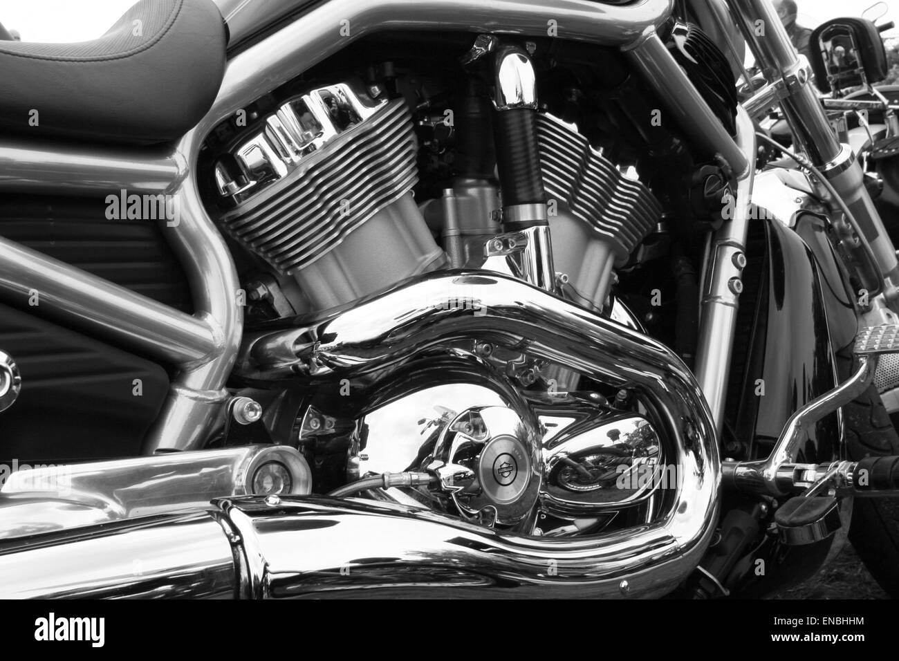 Détail d'un grand moteur de moto dans une Harley Davidson Banque D'Images