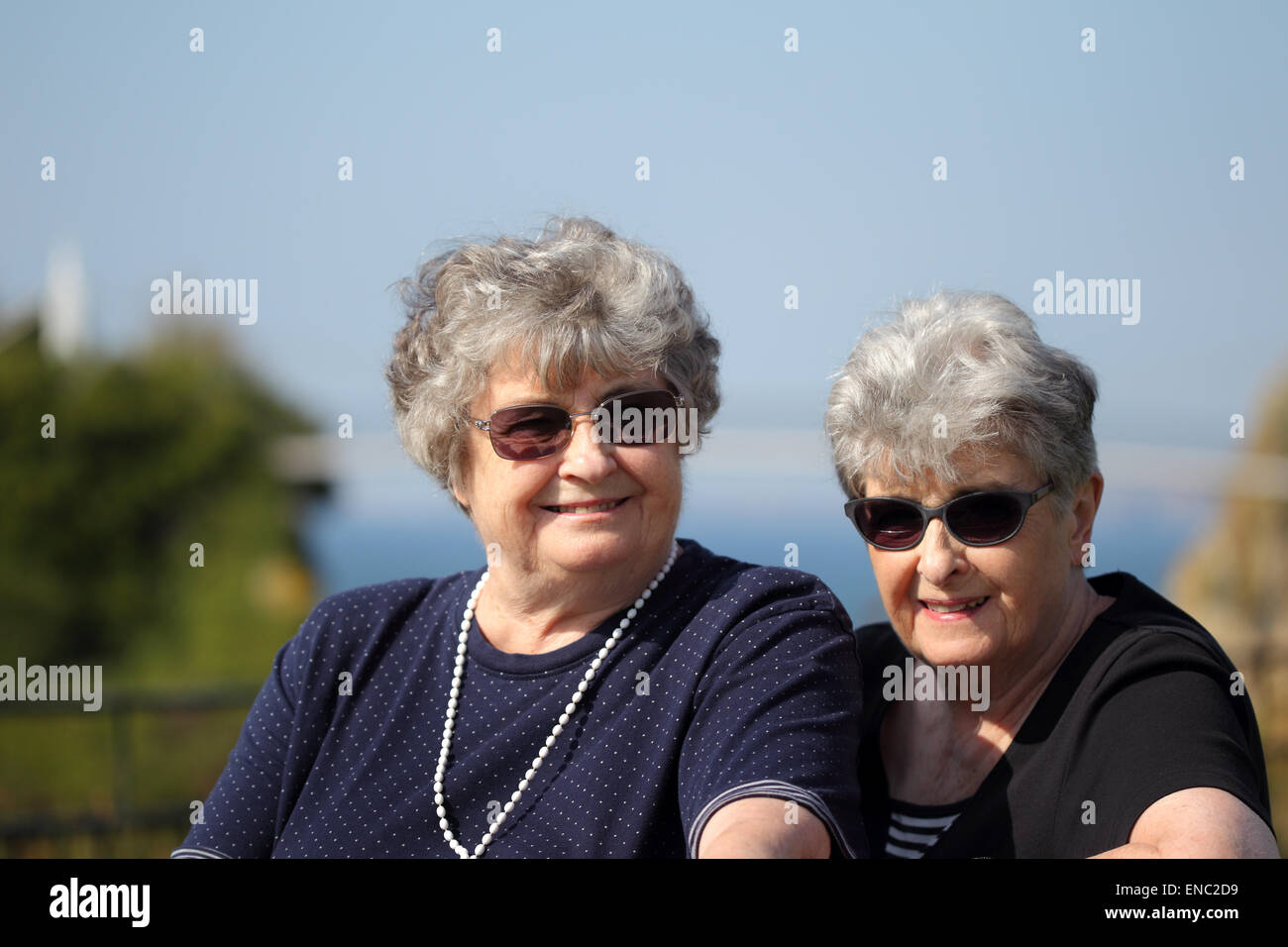 Smiling elderly soeurs jumelles en vacances Banque D'Images