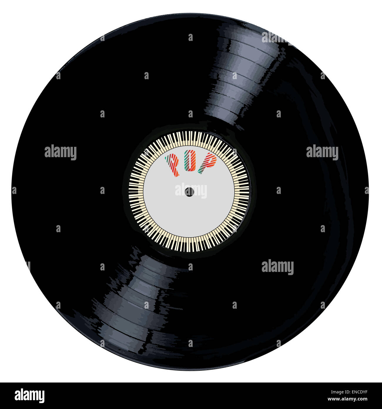 Un disque vinyle LP typique avec la légende de POP et un cercle de toutes les touches du piano sur un fond blanc. Banque D'Images