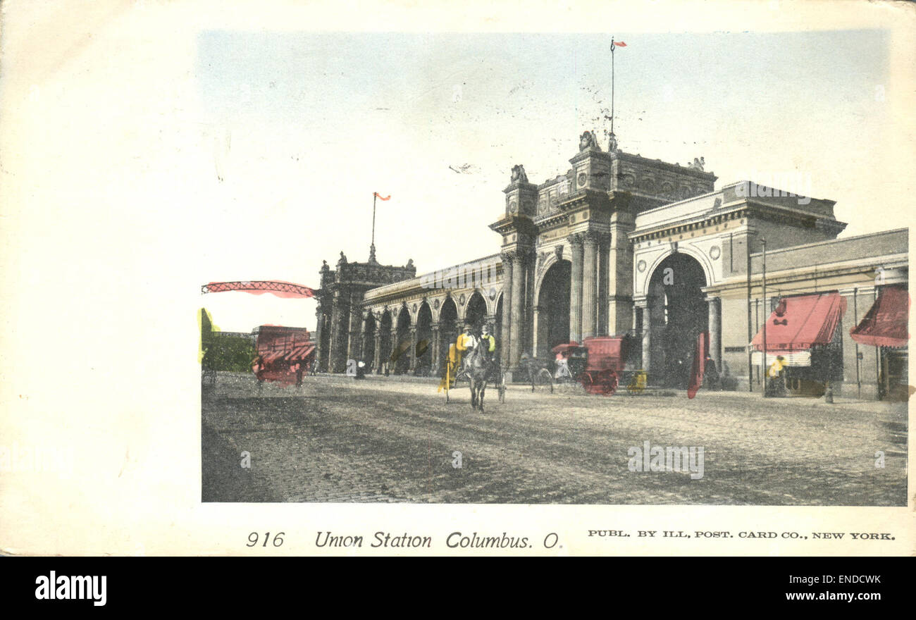 Cette carte postale numérique de la collection Union Station présente des images historiques de gares et de trains, en se concentrant particulièrement sur Union Station à Columbus, Ohio, soulignant l'importance du voyage en train dans l'histoire américaine. Banque D'Images