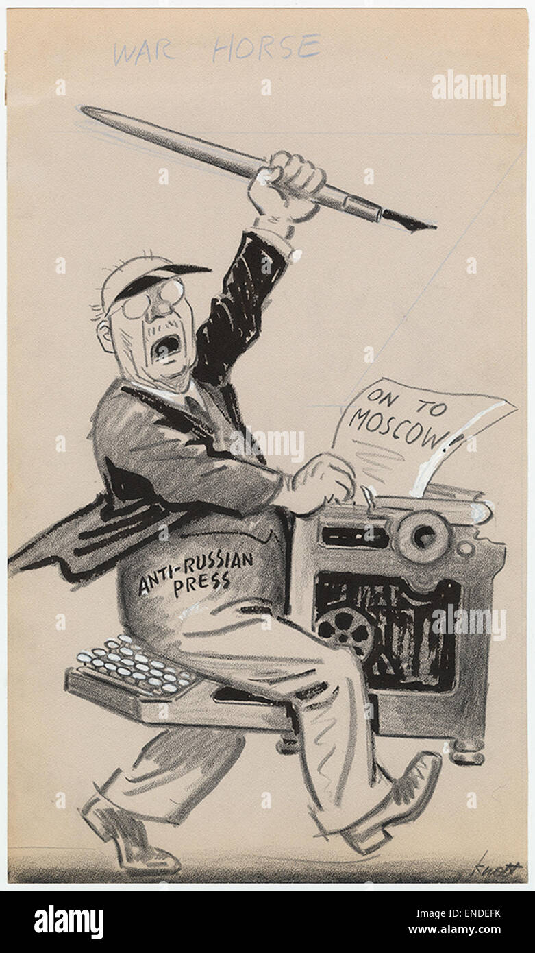 Caricature politique représentant un cheval de guerre symbolisant le sentiment anti-russe pendant une période historique à Moscou. L'illustration capture les tensions de l'époque, en utilisant des stylos à encre et des machines à écrire pour transmettre des messages politiques. Banque D'Images