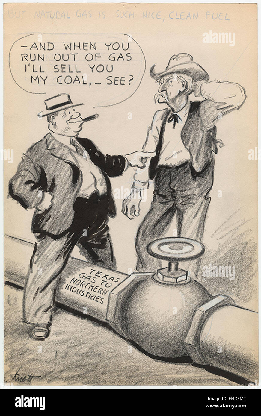 Cette caricature politique discute des avantages du gaz naturel par rapport au charbon dans les industries texanes, soulignant avec humour ses aspects de l’énergie propre contrairement à l’impact environnemental du charbon. Banque D'Images