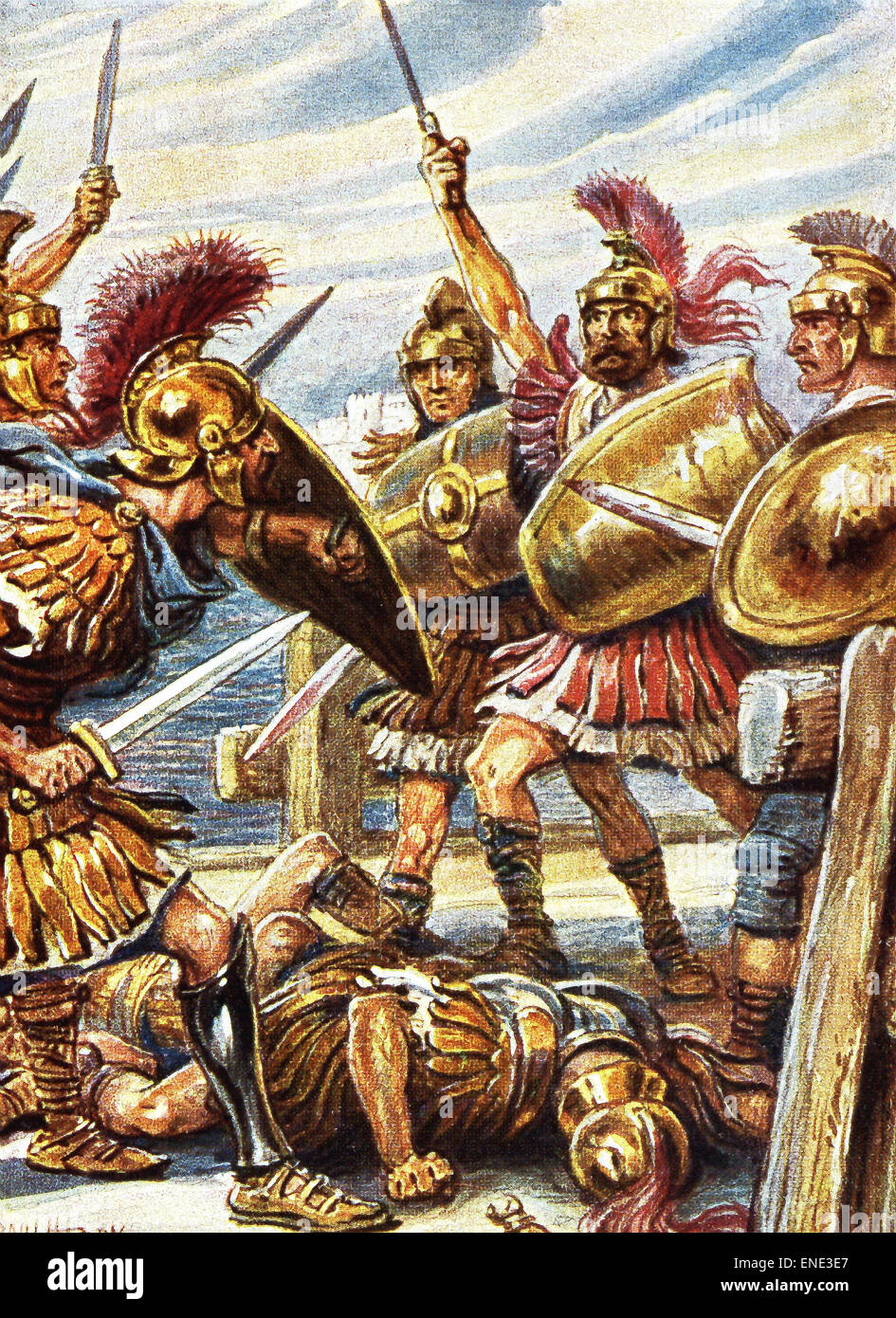 Les anciens Romains dit comment en 507 avant J.-C., quelques mois seulement après qu'ils avaient chassé les Etrusques en tant que gouvernants et formé la République, l'ancien roi Tarquin le superbe et son fils Sextus (illustré ici), aidé par le chef étrusque Lars Porsenna, a cherché à regagner Rome. Ils ont marché et ont été arrêtés à la Pons Sublicius, l'entrée du pont de Rome, par Horatius et deux compagnons tandis que les Romains ont coupé le pont. Cette illustration est d'une copie de 1864 établit la Macaulay de la Rome antique. Banque D'Images