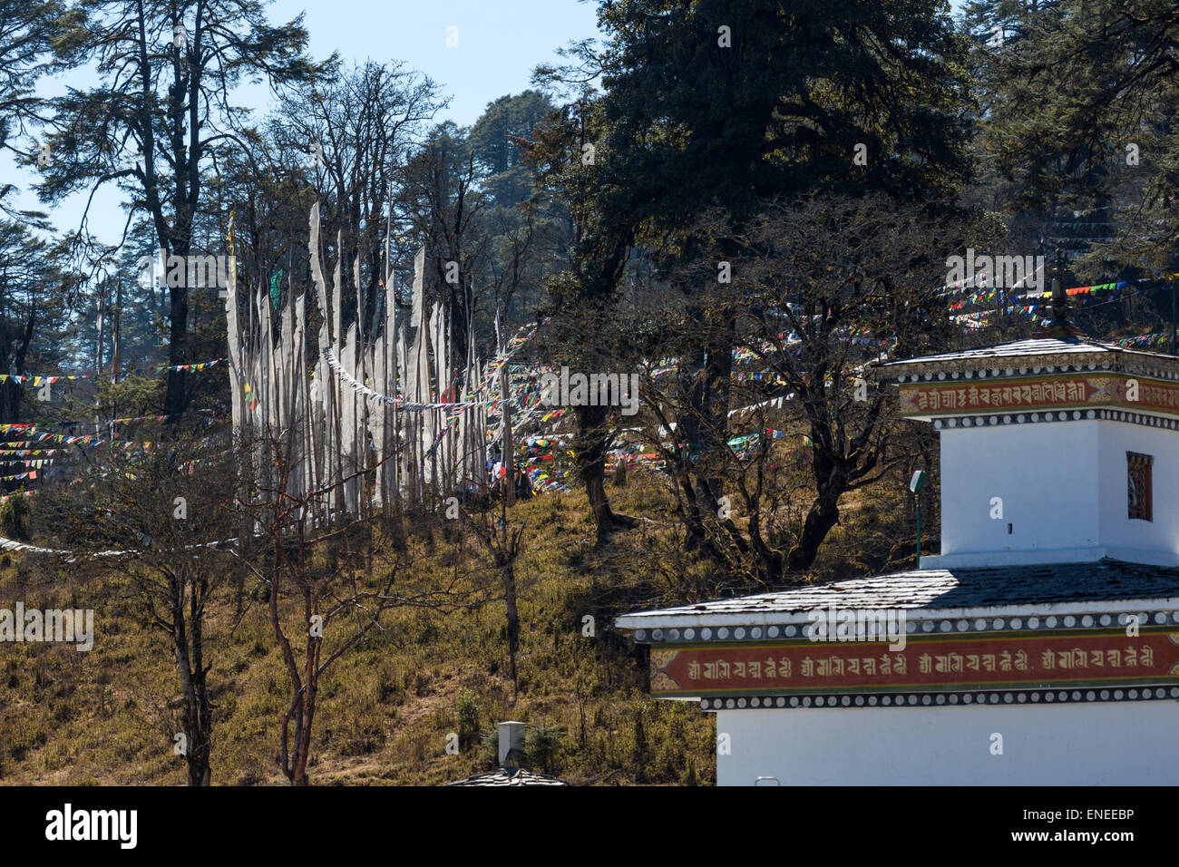 Les drapeaux de prières à Dochula pass, Bhoutan, Asie Banque D'Images Les drapeaux de prières à Dochula pass, Bhoutan, Asie Banque D'Images