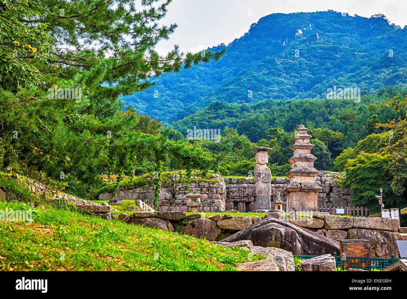 Grande ou géante vieille statue de Bouddha et monument en pierre dans le parc national en Corée du Sud Banque D'Images