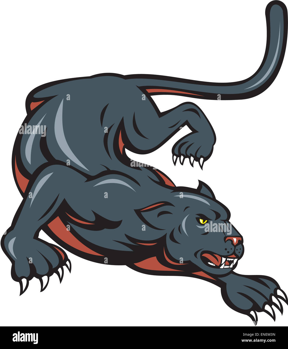 Cartoon style illustration de panthère noire big cat crouching situé sur fond blanc isolé. Banque D'Images