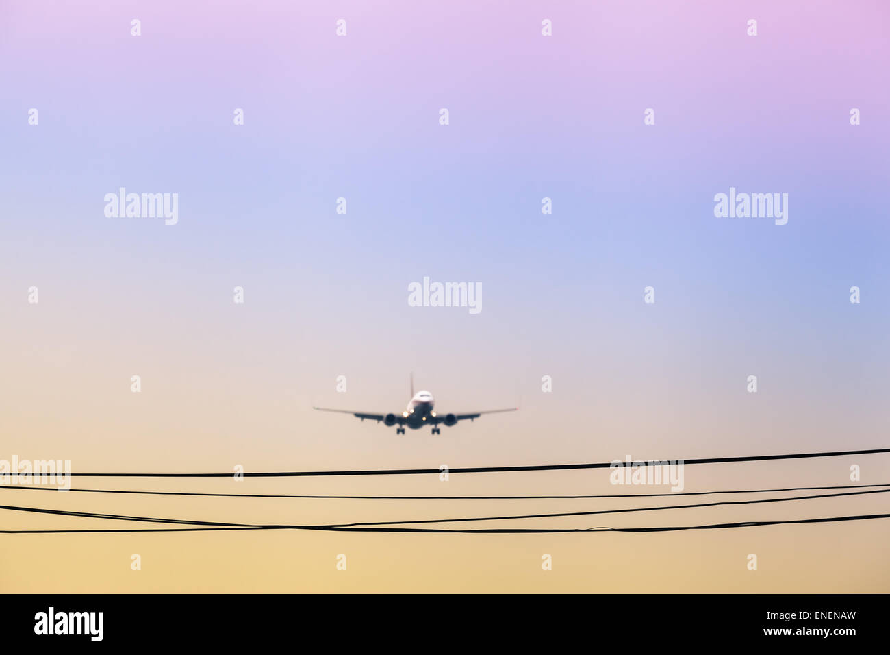 Les câbles de téléphone avec un avion à l'atterrissage à l'arrière-plan Banque D'Images