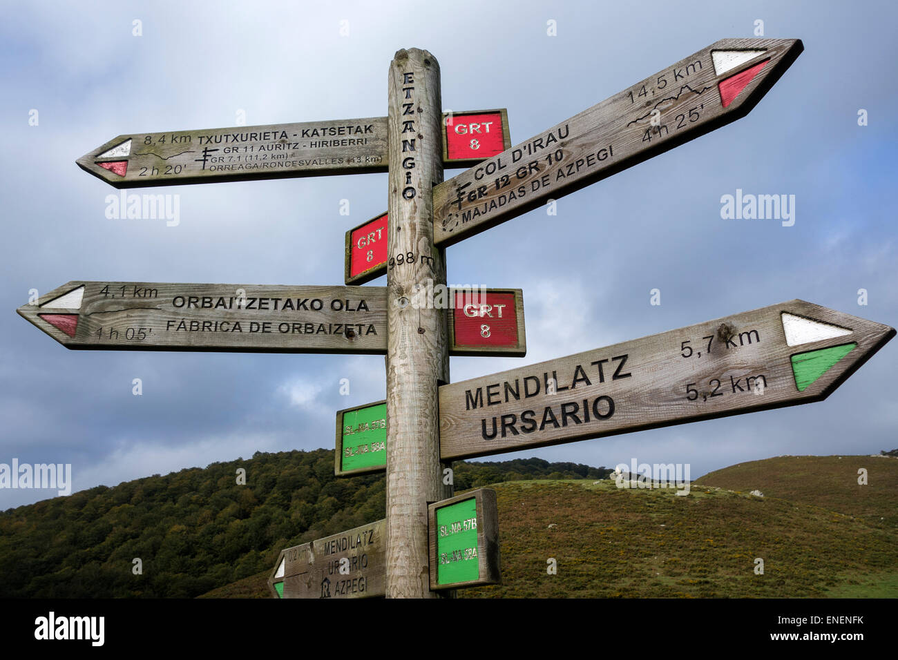 Sig poster indiquant des sentiers de randonnée et les distances. Pyrénées. Navarra. Espagne Banque D'Images