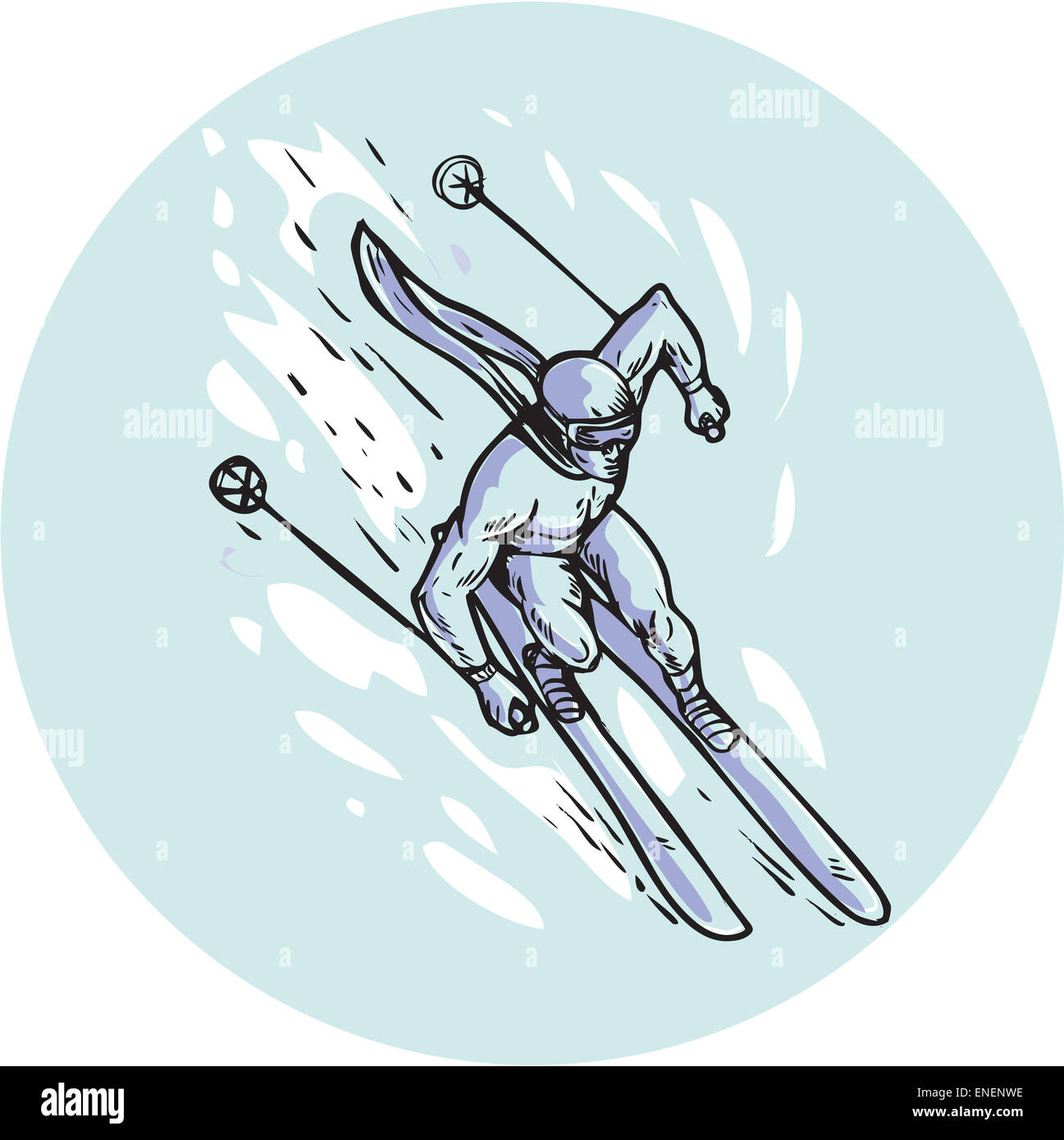 Gravure Gravure illustration style fait main d'un homme qui slaloment ski skieur vu de l'ensemble supérieur à l'intérieur du cercle. Banque D'Images