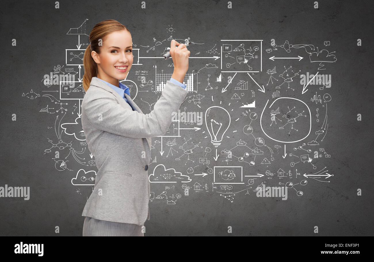 Businesswoman drawing grand plan avec le marqueur Banque D'Images