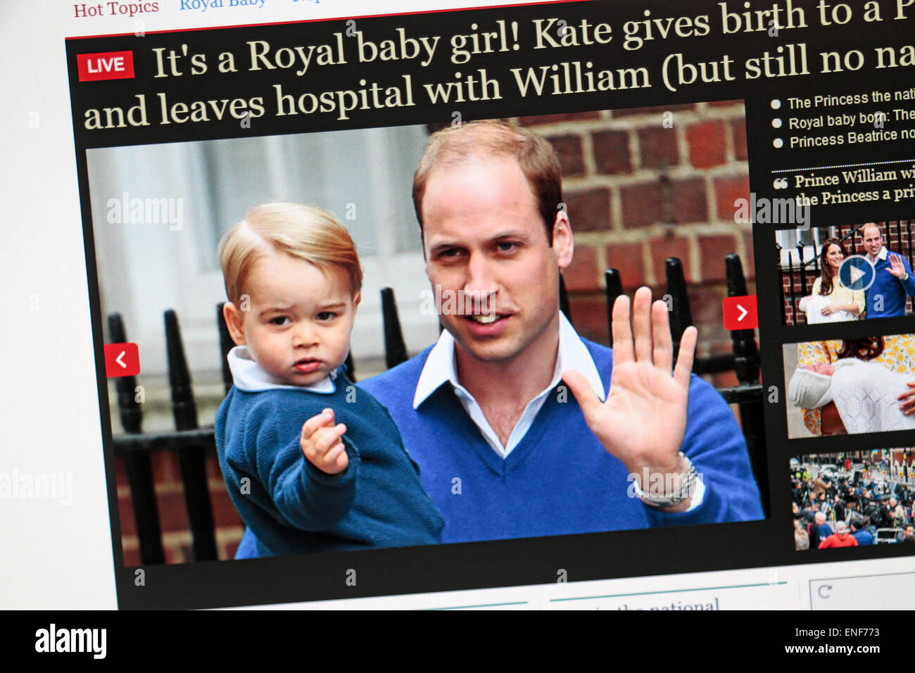 Capture d'écran de la Telegraph Site internet après la naissance de la princesse Charlotte de Cambridge Le 2 mai 2015. Banque D'Images