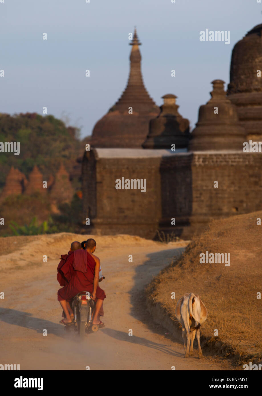 Moines sur une moto en passant en face d'un temple bouddhiste, Mrauk U, Myanmar Banque D'Images