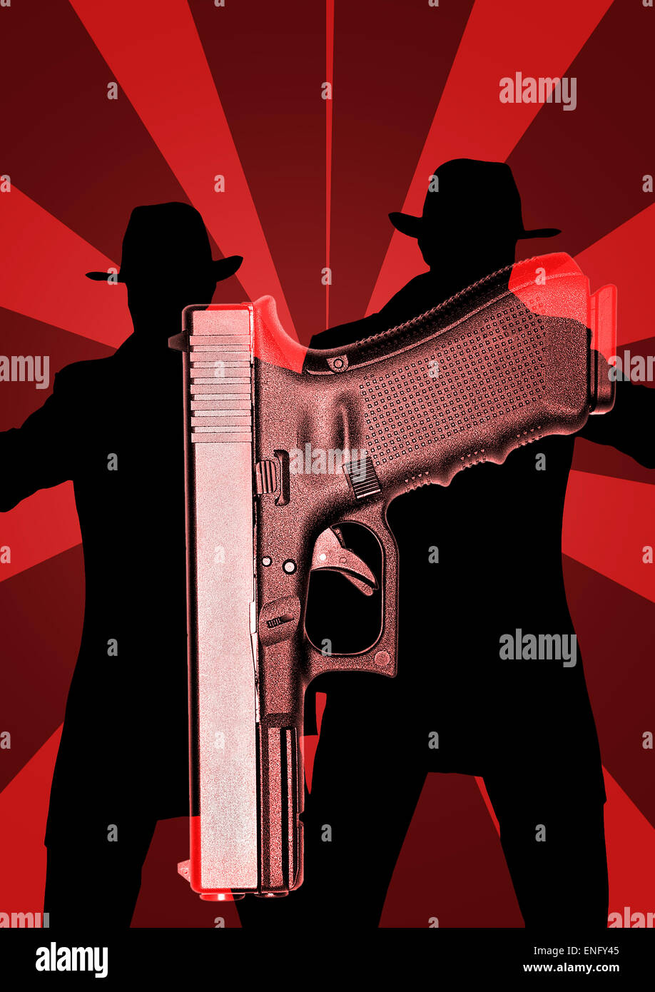 Detectives avec revolver à fond rouge Banque D'Images