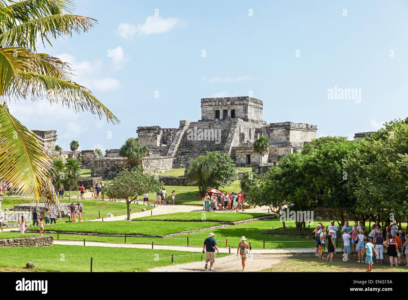 Les ruines de Tulum le site d'une ancienne civilisation maya sur la péninsule du Yucatán, Quintana Roo, Mexique Banque D'Images