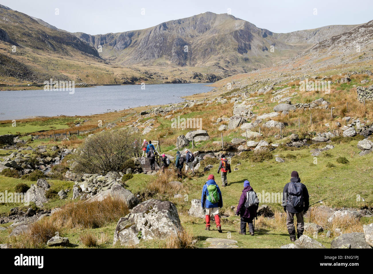 Groupe de Randonneurs marchant sur le chemin au bord du lac autour de Llyn Lac Ogwen en montagnes de Snowdonia National Park (Eryri). Le Nord du Pays de Galles Royaume-uni Grande-Bretagne Banque D'Images