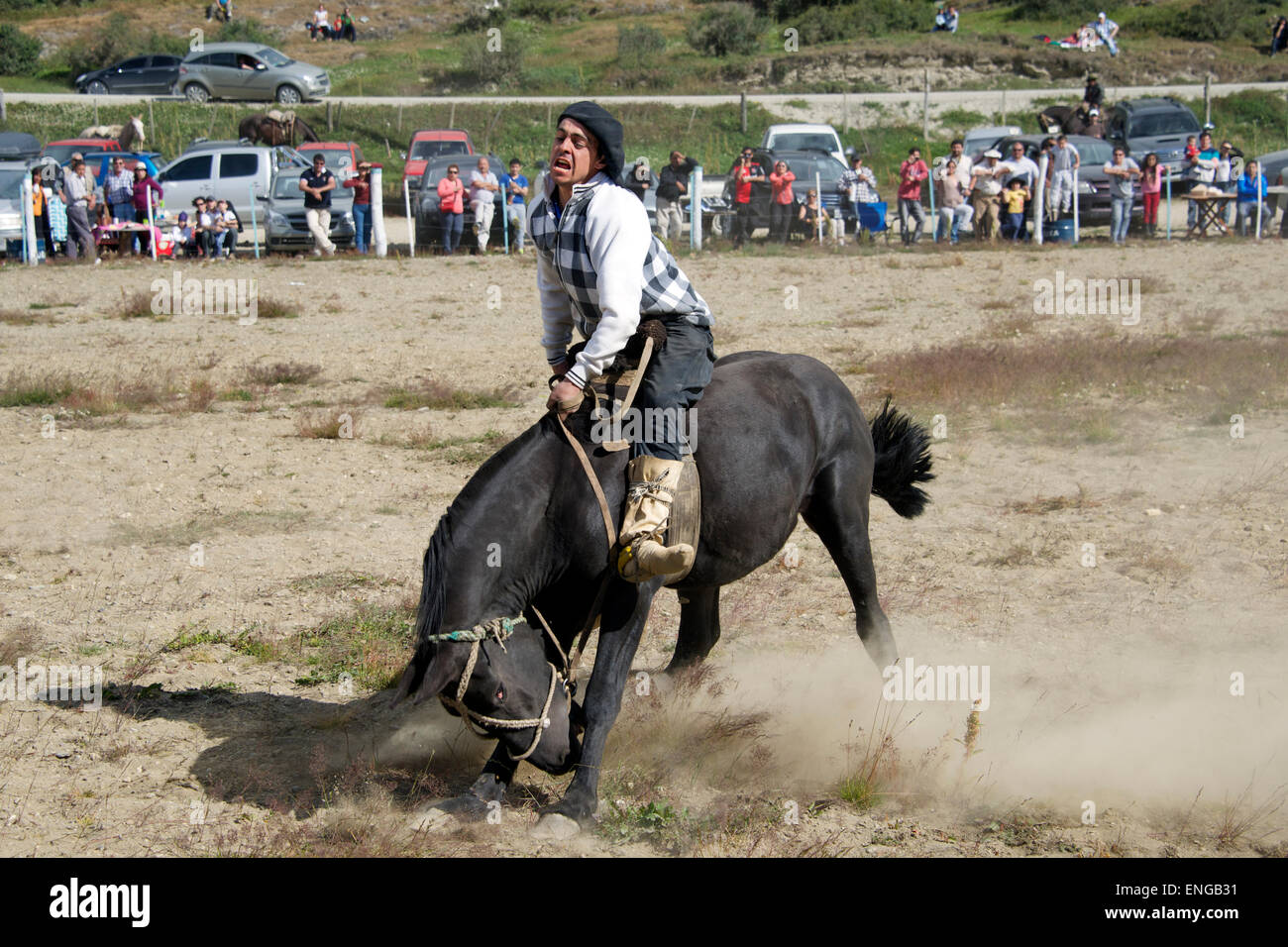 Gaucho équitation un bucking bronco rodéo pays Tierra del Fuego Argentine Banque D'Images