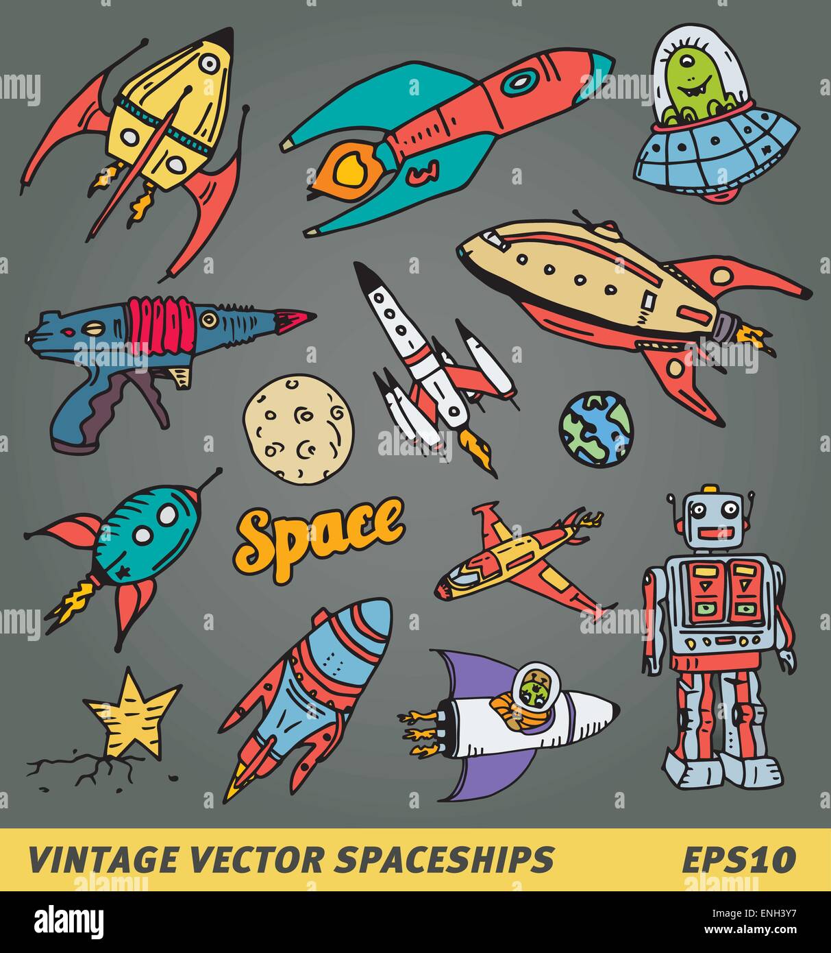 L'espace dessiné à la main des articles comme vaisseau spatial, ufo robot et lasergun Illustration de Vecteur