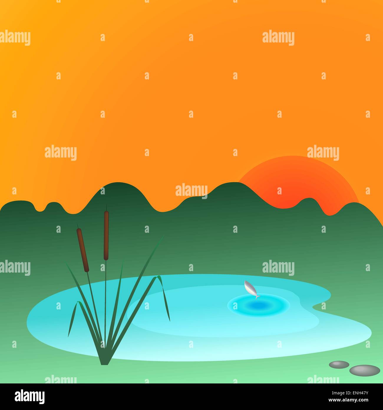 Roseaux au bord du lac au coucher du soleil, vector Illustration de Vecteur
