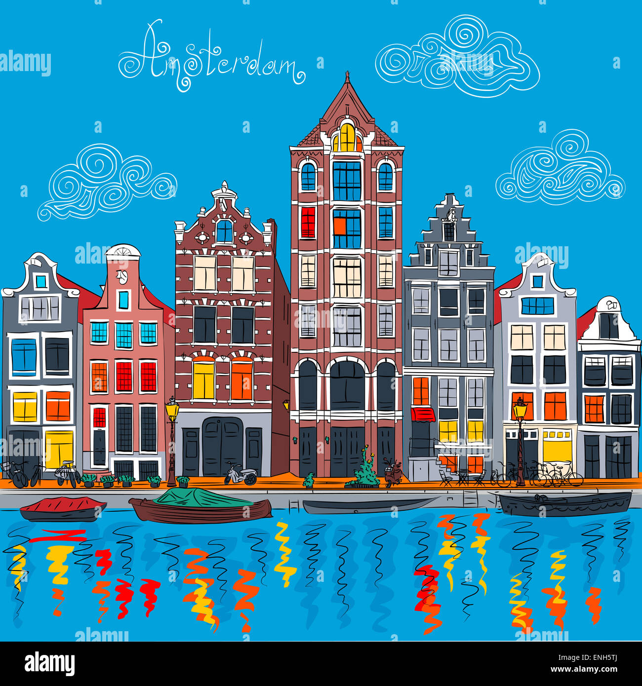 Amsterdam canal vecteur et maisons typiquement néerlandais Banque D'Images