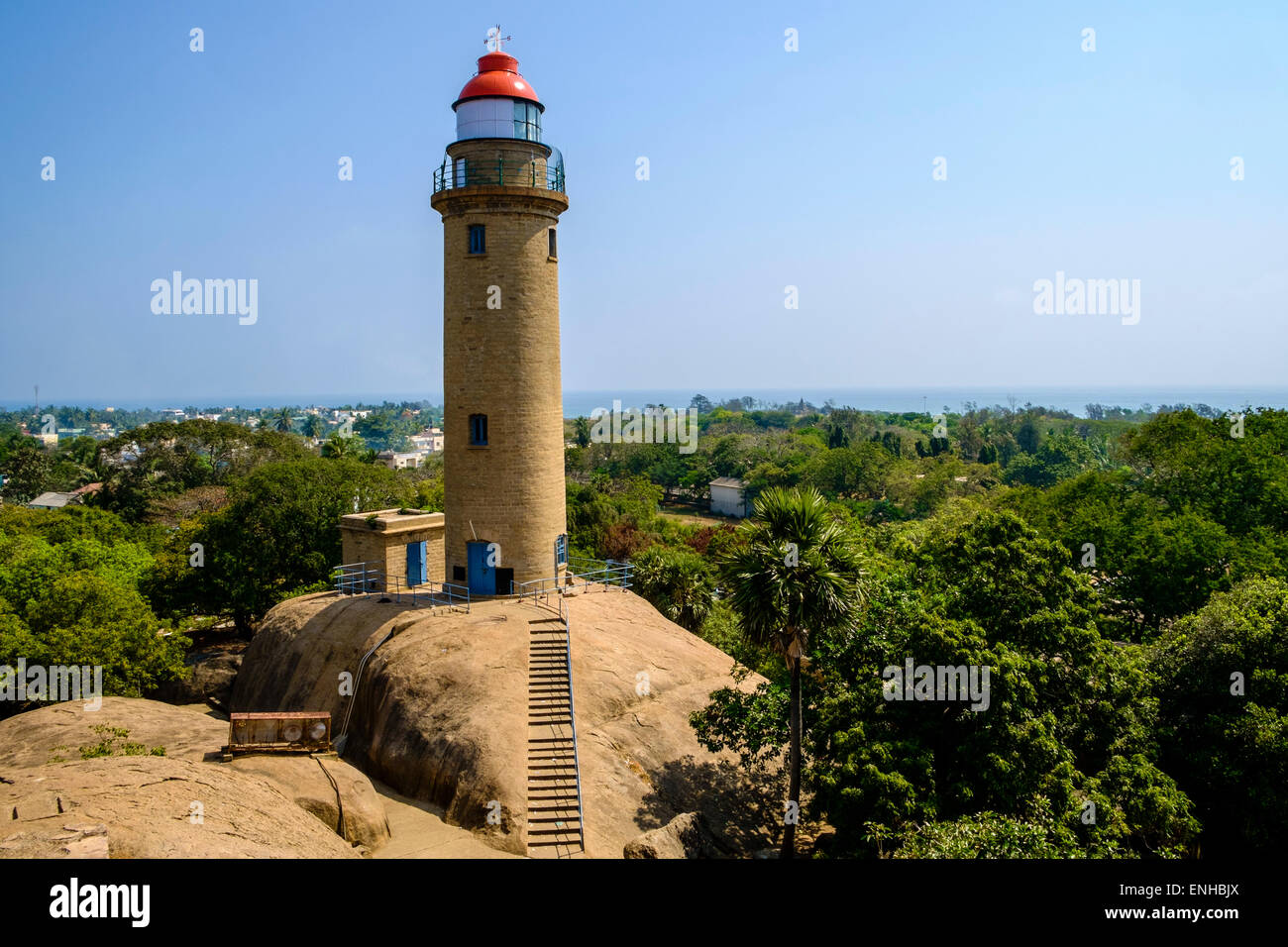 Mahabalipuram phare. Le groupe de monuments sont sur la liste du patrimoine mondial de l'UNESCO. Banque D'Images