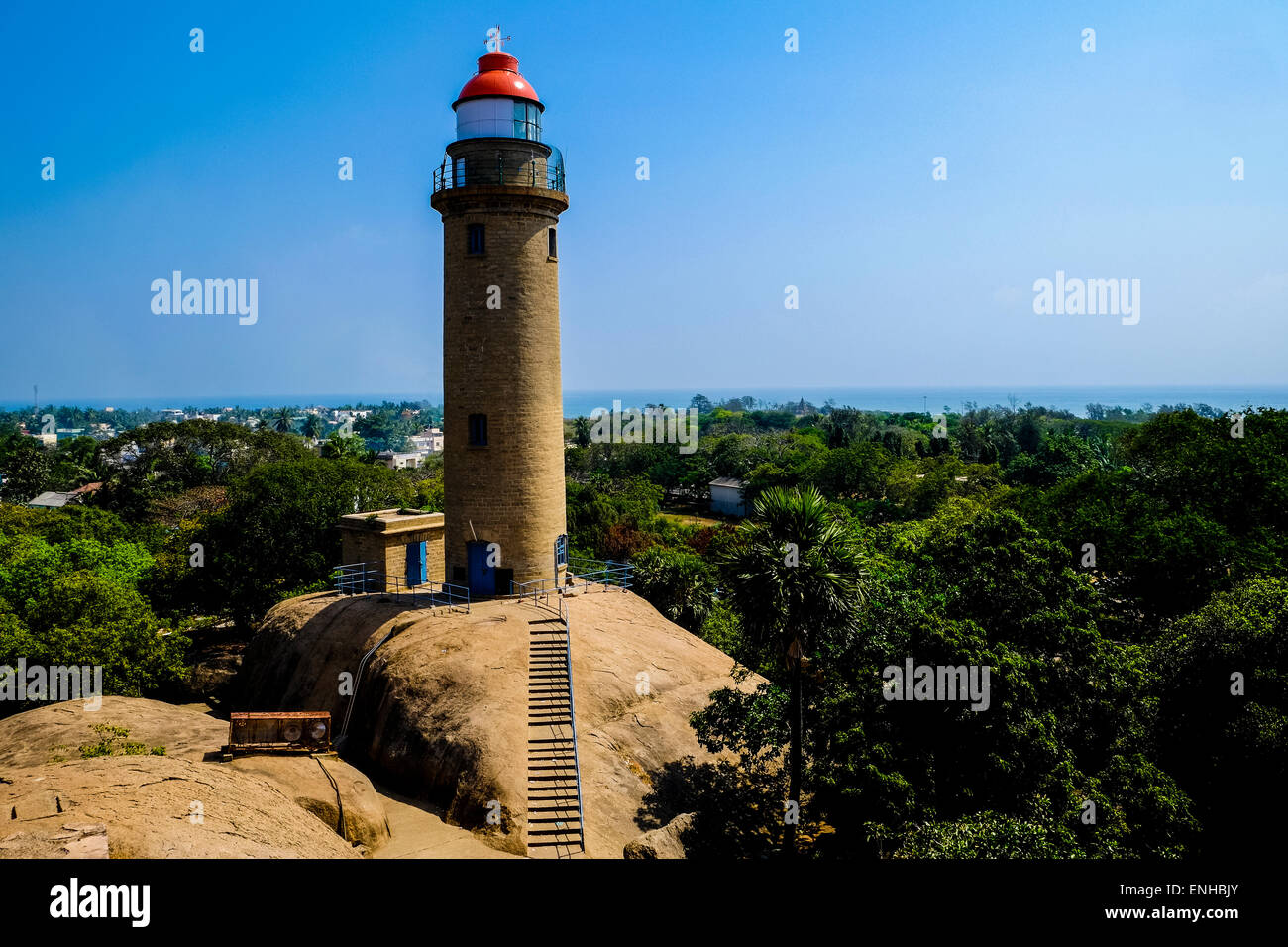 Mahabalipuram phare. Le groupe de monuments sont sur la liste du patrimoine mondial de l'UNESCO. Banque D'Images
