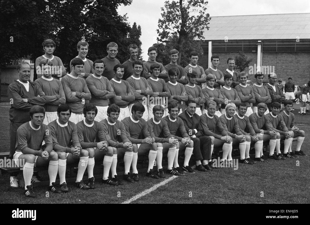 L'équipe d'Everton posent pour une photo de groupe lors de leur congrès annuel photocall à leur terrain d'entraînement à West Derby. 24 juillet 1969. Banque D'Images