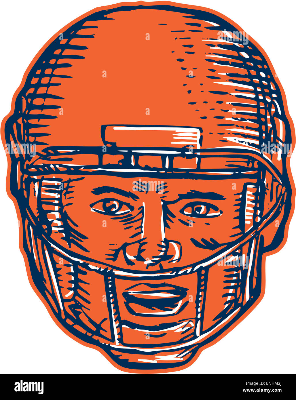 Gravure Gravure illustration style fait main d'un joueur de football américain avec la tête vers l'avant du casque isolé sur fond blanc. Banque D'Images