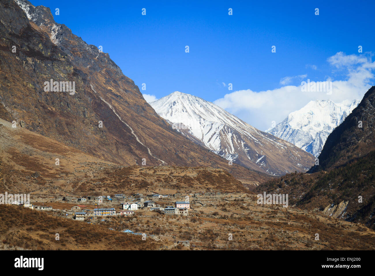 Paysage de la vallée de haute altitude et vue sur Langtang village depuis près de Chyamki, Langtang, Népal Banque D'Images