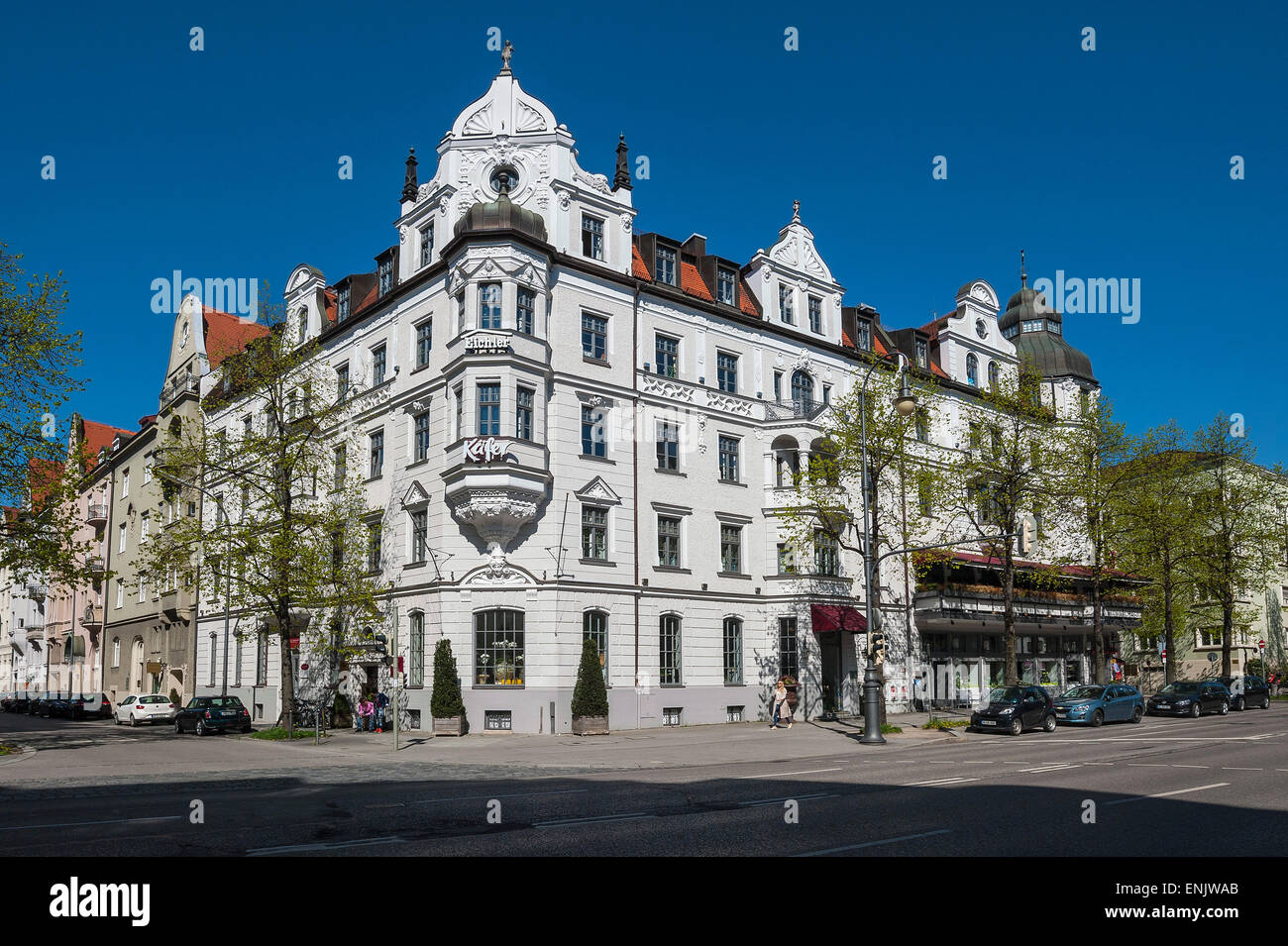 Hôtel particulier façade, Feinkost Käfer, Munich, Haute-Bavière, Bavière, Allemagne Banque D'Images