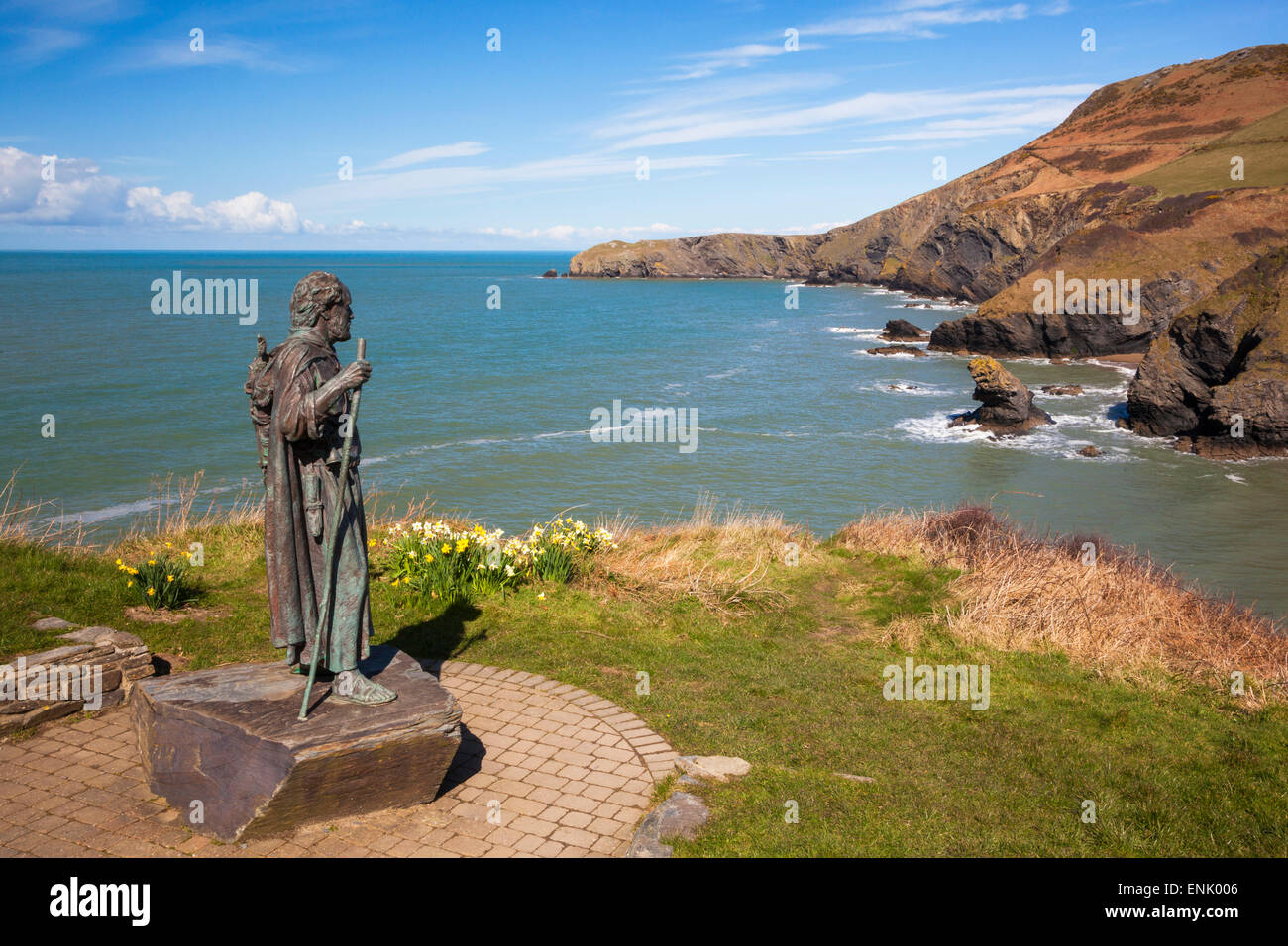Statue de Saint Carannog, plage de Llangrannog, Ceredigion (Cardigan), l'ouest du pays de Galles, Pays de Galles, Royaume-Uni, Europe Banque D'Images