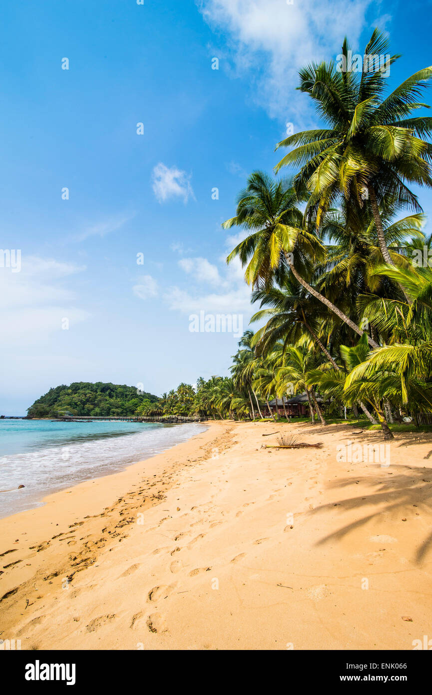 Belle plage dans le Bom Bom Resort, Réserve de biosphère de l'UNESCO, principe, Sao Tomé-et-Principe, Océan Atlantique, Afrique Banque D'Images