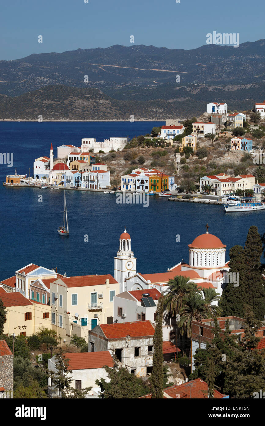 Vue sur le port, Kastellorizo (MEIS), îles du Dodécanèse, îles grecques, Grèce, Europe Banque D'Images