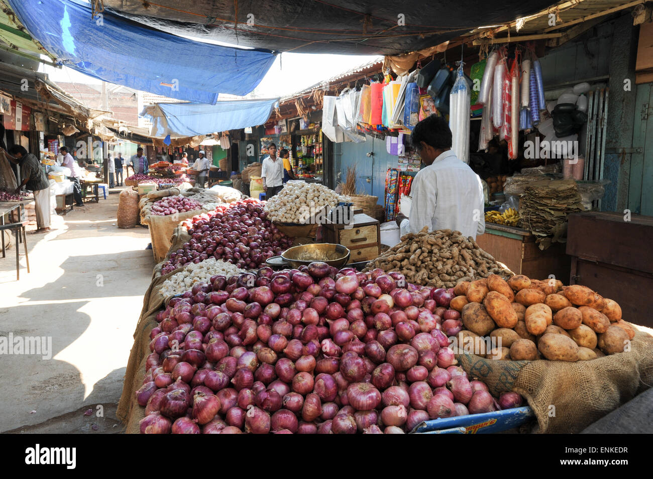 Mysore, Inde - 23 janvier 2015 : les vendeurs et les clients de l'Devaraja légumes du marché à Mysore en Inde Banque D'Images