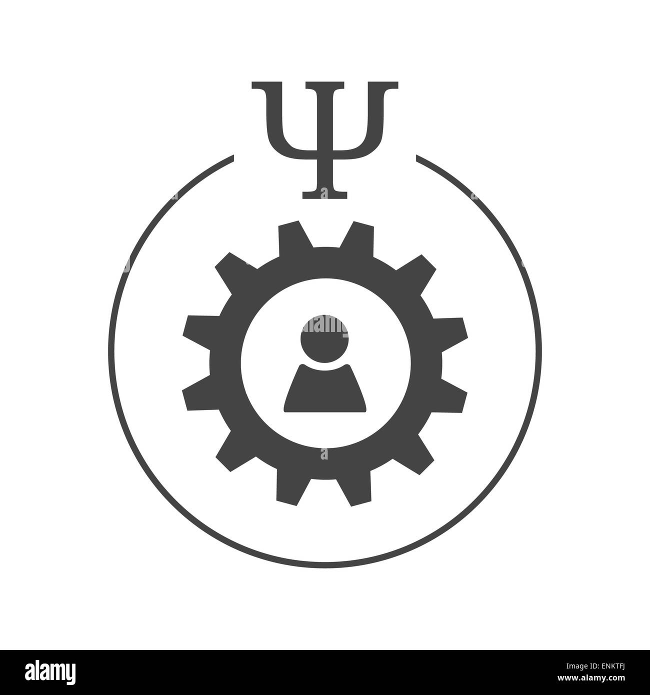 L'ingénierie ou la psychologie industrielle logo. Personne apposée à l'intérieur de l'engrenage à roue dans un cercle avec psi lettre Banque D'Images