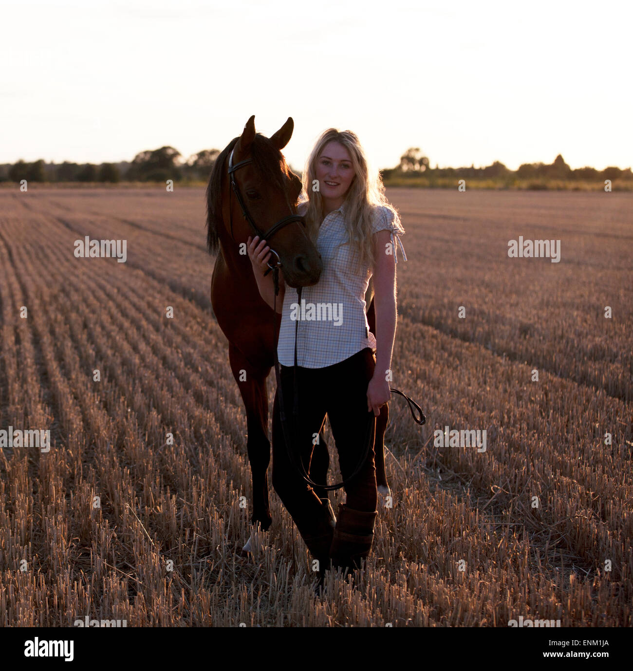 Une jeune femme debout avec un Cheval Arabe Banque D'Images