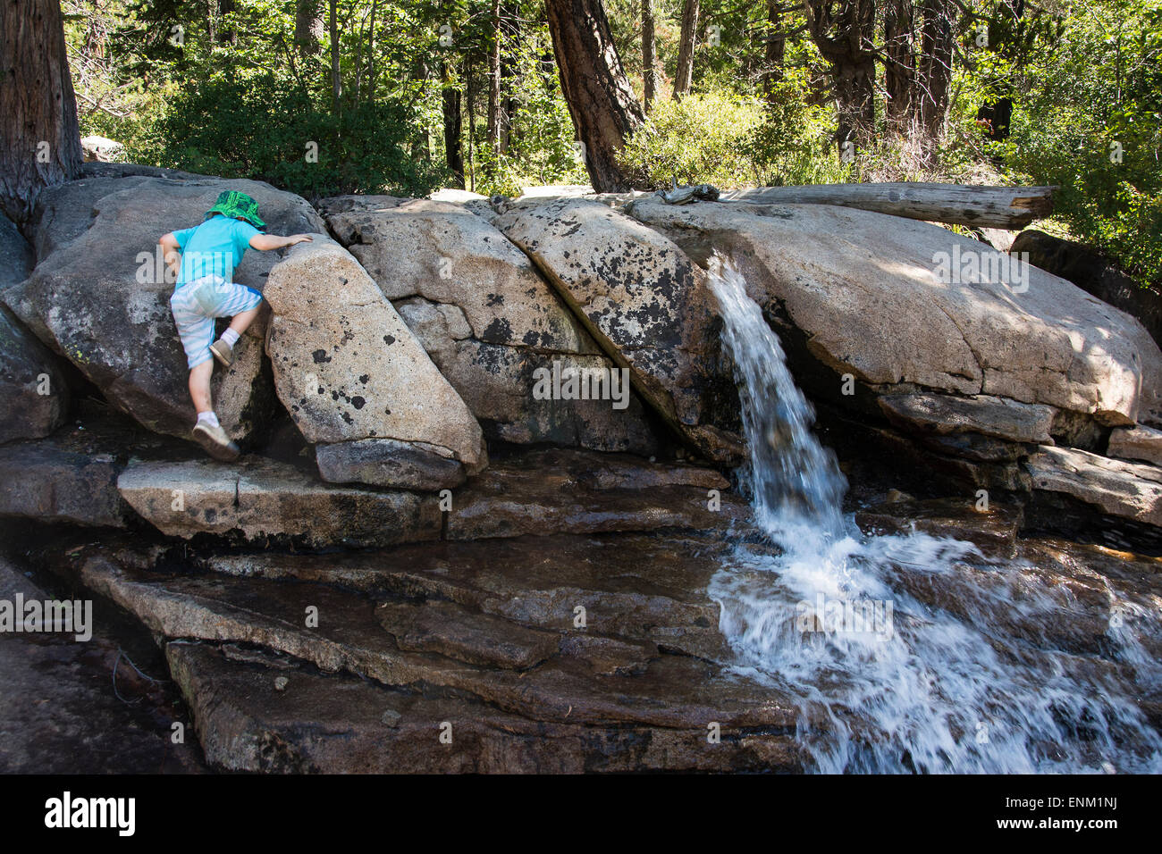 Bébé garçon monte à côté de rochers cascade sur chemin de la Prêle Falls, fraise, en Californie. Banque D'Images