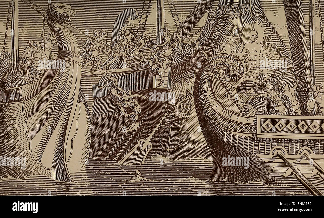 Capture de la flotte punique par les Romains et la cuisine romaine Pont Romain plus petite cuisine Carthaginois Galley Banque D'Images