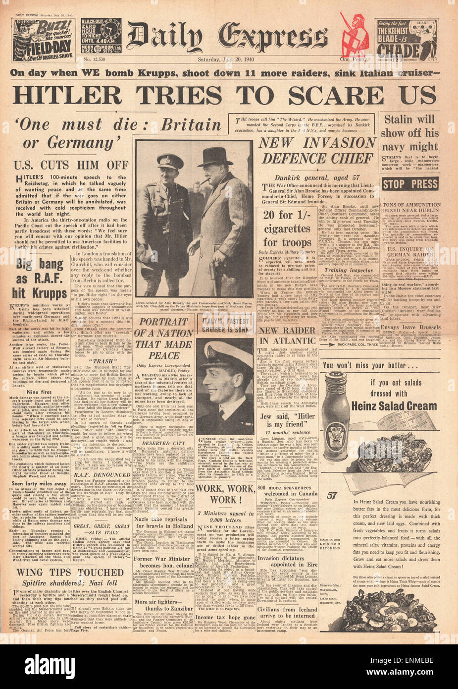 1940 front page Daily Mail Hitler demande à la Grande-Bretagne de mettre fin à la guerre de discours du Reichstag cruiser italien Bartolomeo Colleoni Banque D'Images